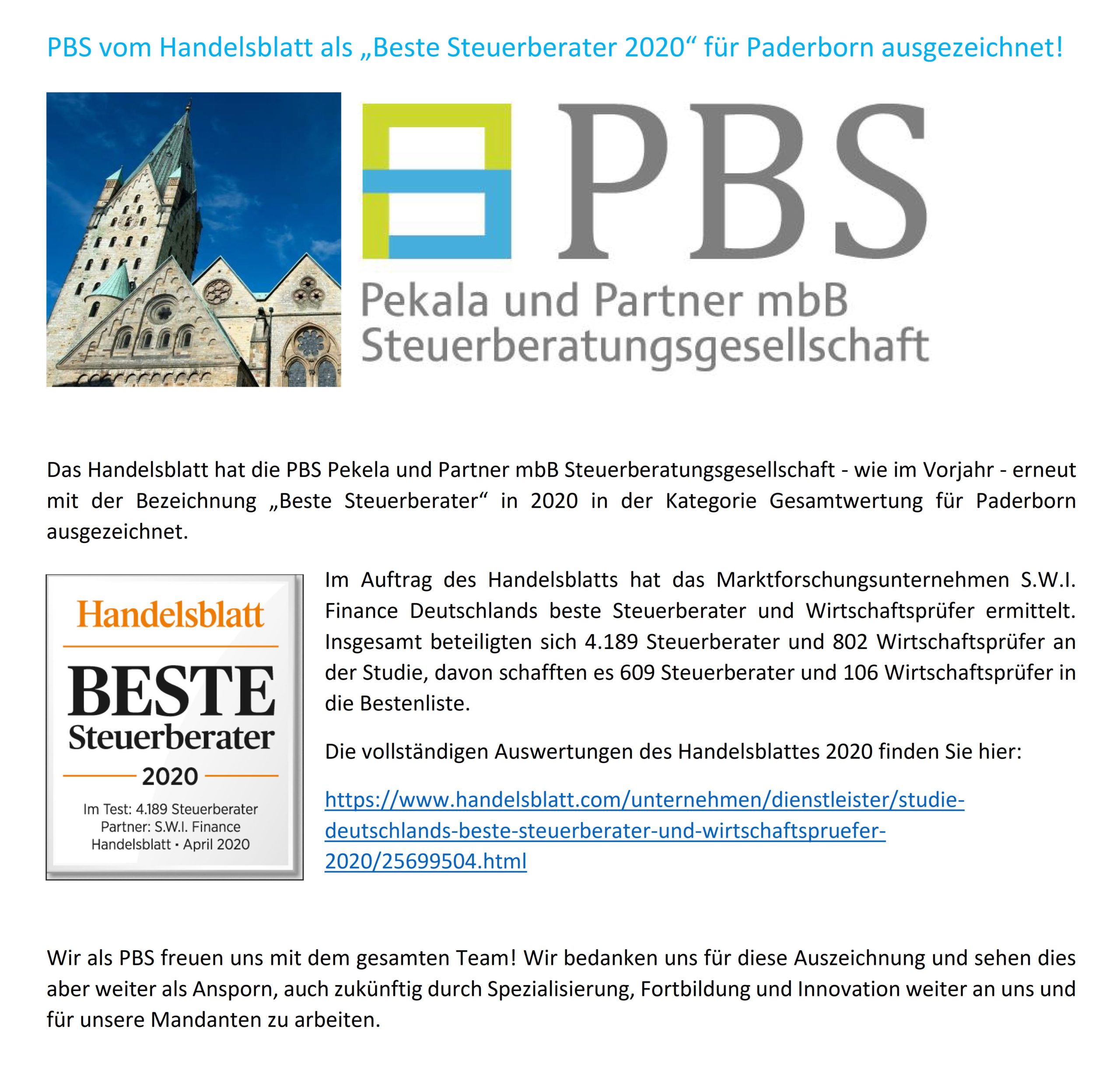 ‚++ PBS vom Handelsblatt als „Beste Steuerberater 2020“ für Paderborn ausgezeichnet! ++